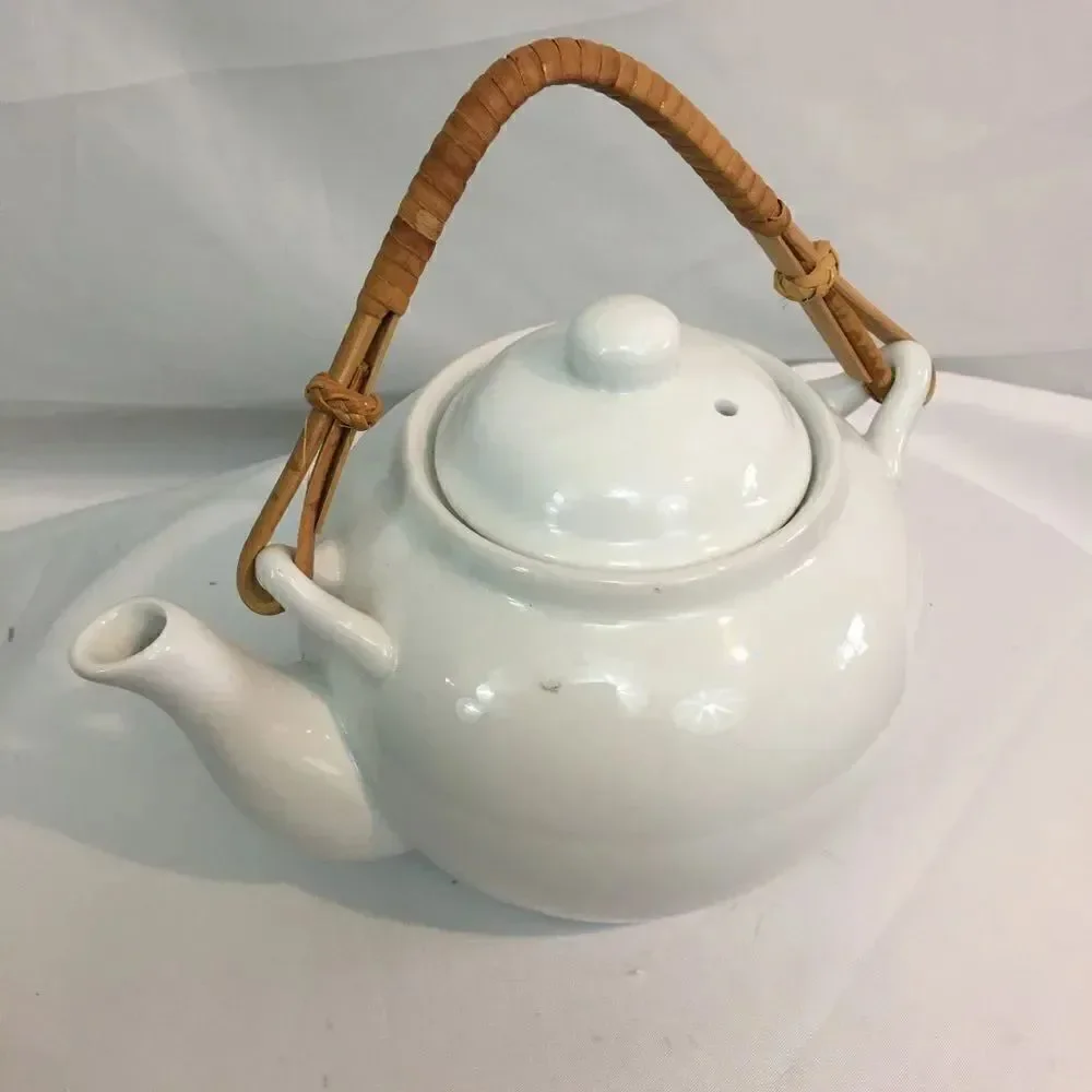 Pier 1 Sakai Bamboo Handle White Porcelain Teapot